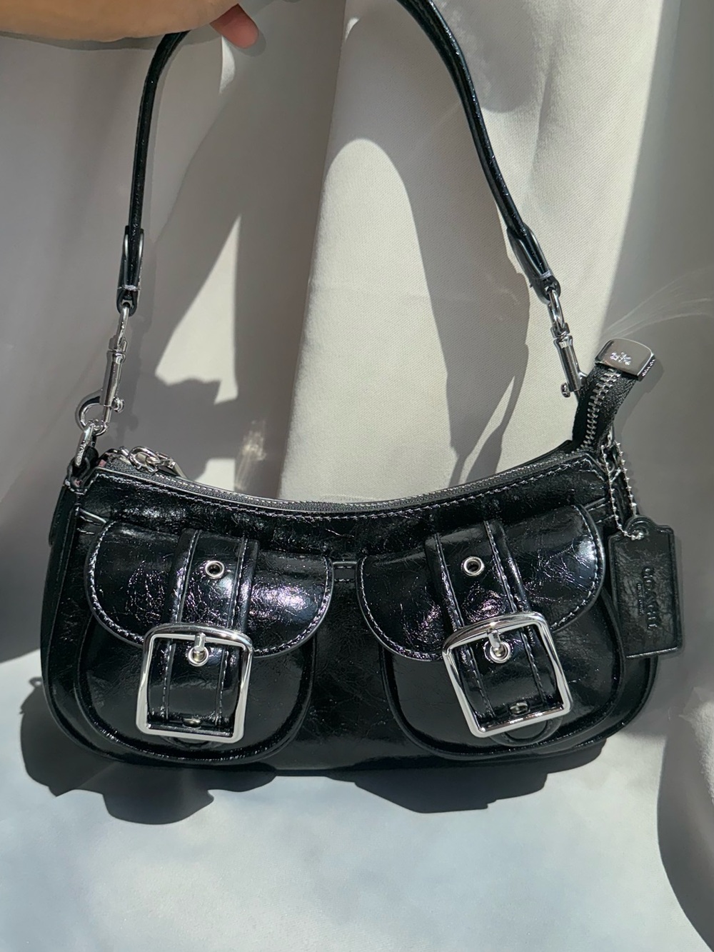 Coach Black Patent Leather Ashton Shoulder Bag with Buckle Pockets